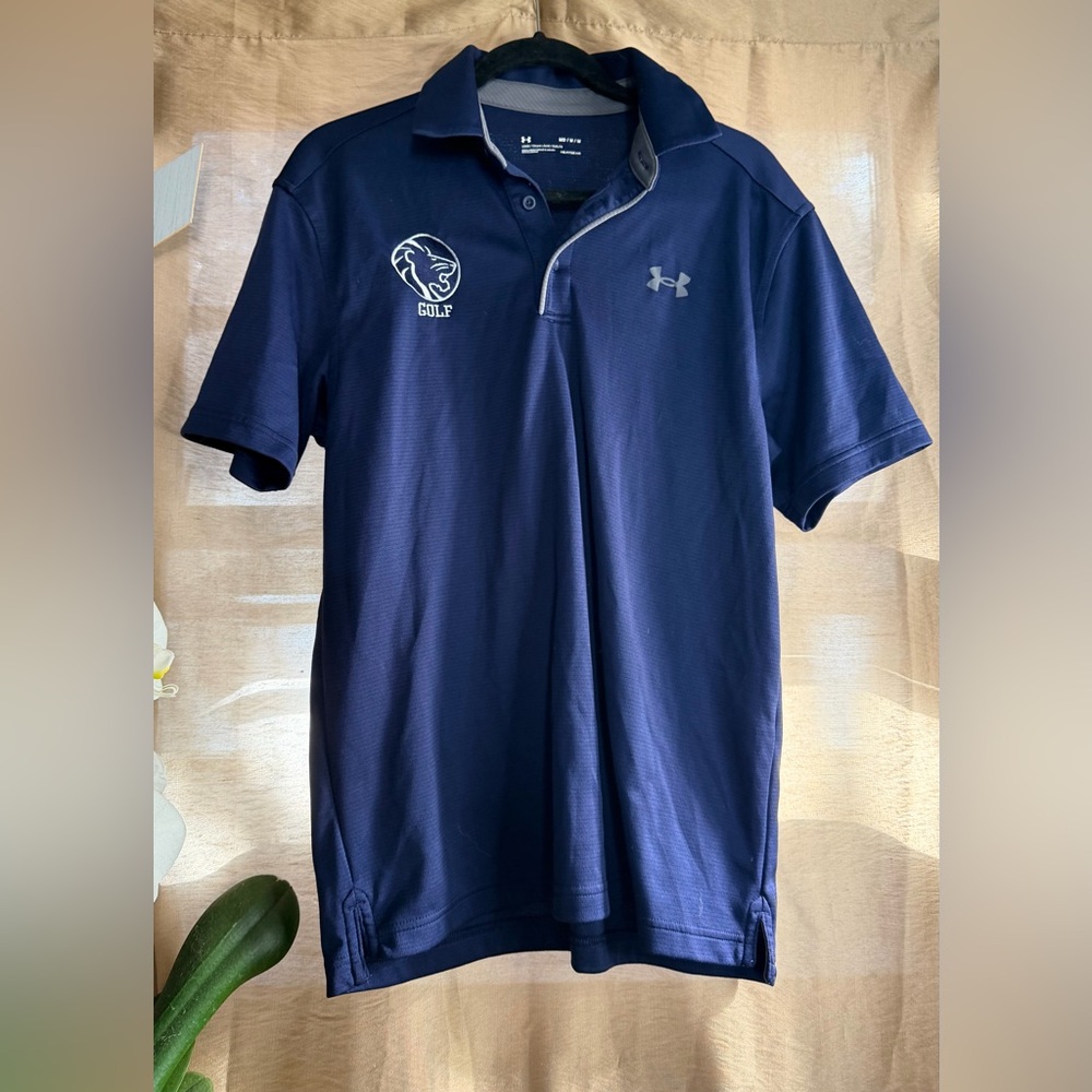 Under Armour HeatGear Golf Polo Shirt Men’s Medium Navy Blue Embroidered Lion